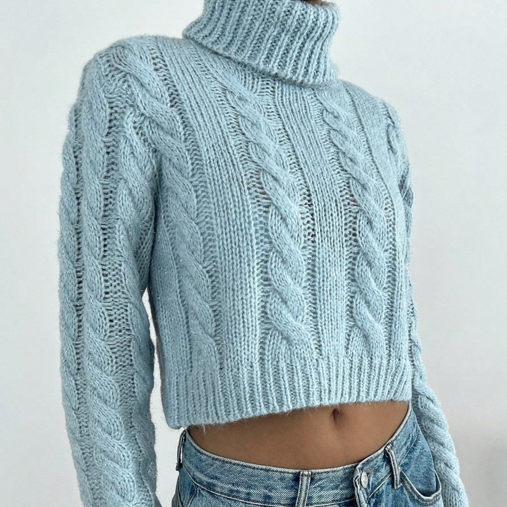 Casual Turtleneck Cable Knit Turtleneck Crop Sweater Blue - Picture 4 of 7